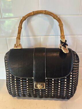 NEW J.McLaughlin Black Wicker Handbag Bamboo Handle Gold Hardware Picnic Satchel